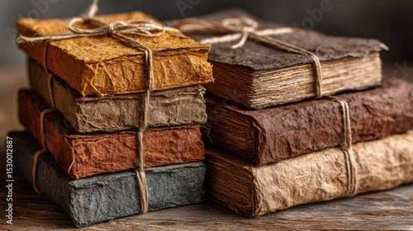 Fototapeta Stack of intricately bound handcrafted books.