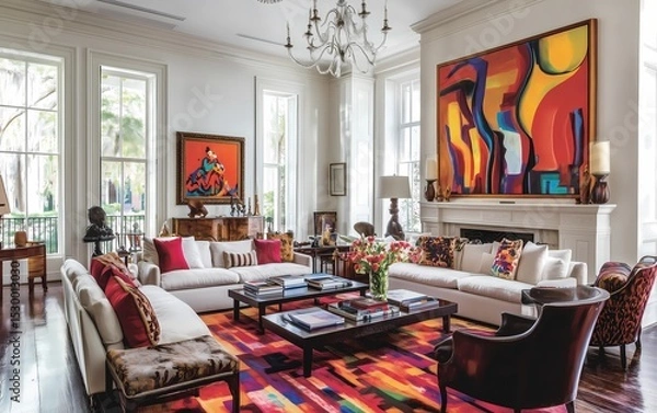 Obraz Eclectic living room with industrial-style lighting, vintage furniture, colorful abstract art, and an inviting atmosphere