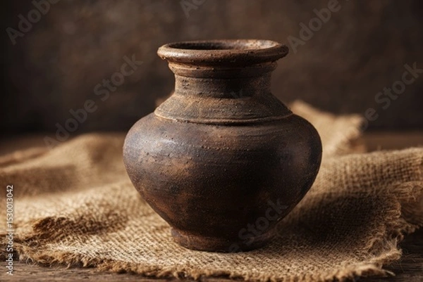 Fototapeta Dark, rustic earthenware pot on a burlap tablecloth.