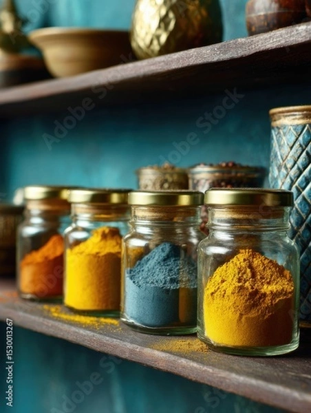 Fototapeta Colorful spice jars arranged on a wooden shelf.
