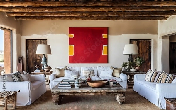 Obraz Eclectic living room with industrial-style lighting, vintage furniture, colorful abstract art, and an inviting atmosphere
