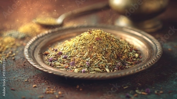 Fototapeta A blend of colorful spices in a vintage dish.