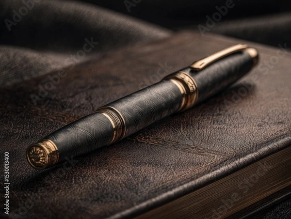 Fototapeta Close-up of a dark gray fountain pen on a leather-bound book.