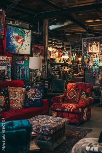 Obraz Eclectic living room with mismatched furniture, vintage wall art, a mix of patterns, and a cozy, boho-chic ambiance
