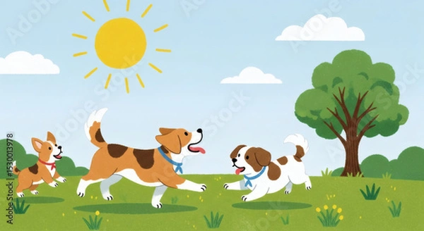 Obraz Three dogs running and playing together in a sunny park with a tree and clouds in the background