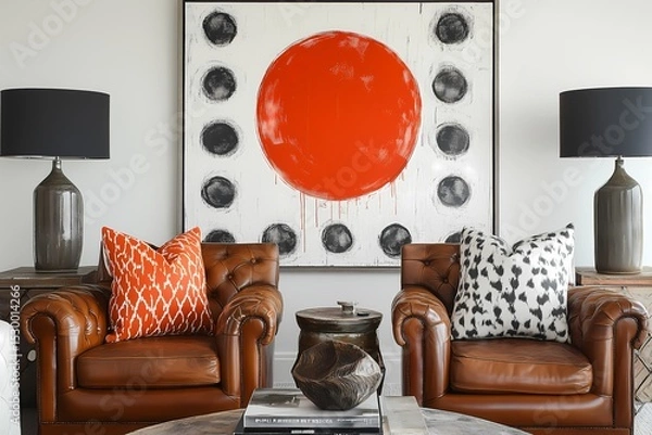 Obraz Eclectic living room with vintage leather chairs, contemporary art, bright throw pillows, and a mix of patterns and textures