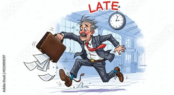 Obraz Cartoon man running late for work with briefcase and papers falling out near a clock on the wall