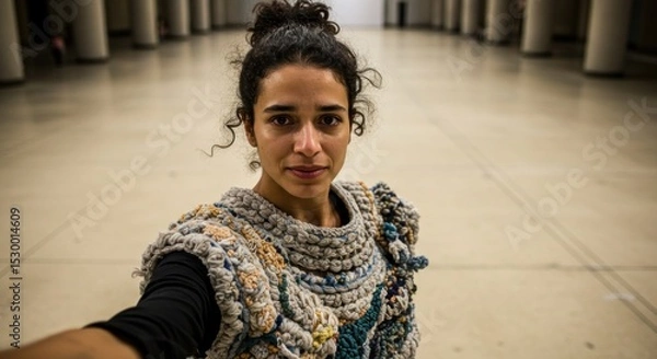 Obraz Woman in a unique crocheted vest.  Inside a vast, light-filled, modern hall