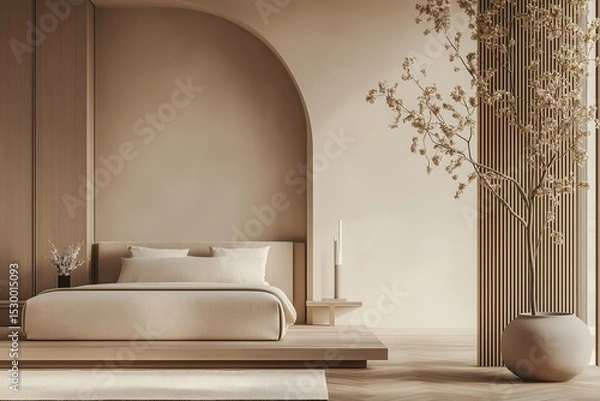 Obraz Zen-inspired bedroom with neutral bedding, low platform bed, wooden floors, minimal decor, and a calm, serene atmosphere