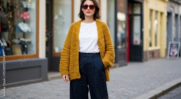 Obraz Woman in mustard yellow cardigan and navy pants