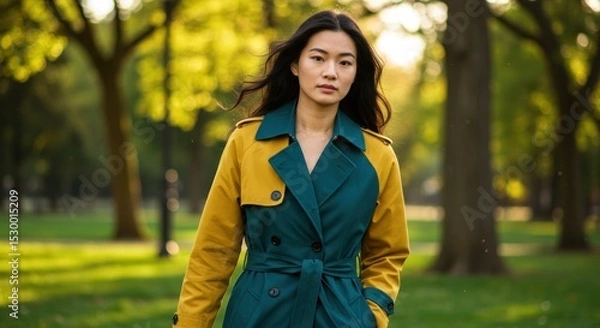Obraz Woman in park, fall colors, trench coat