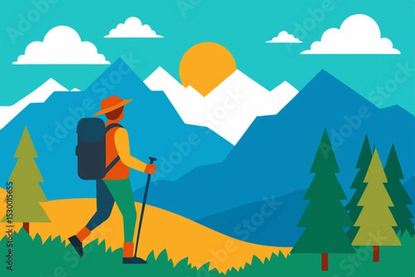 Obraz Vector illustration of a summer mountain landscape with trees, grass, and a blue sky with clouds