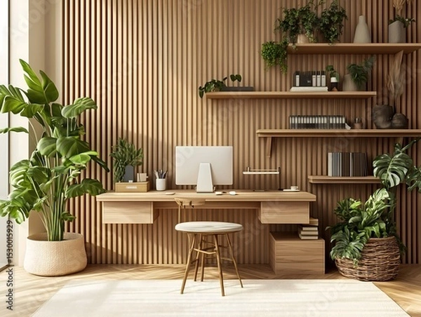 Obraz Zen-inspired home office with minimalist desk, wooden shelves, neutral color scheme, and green plants for a calm working space