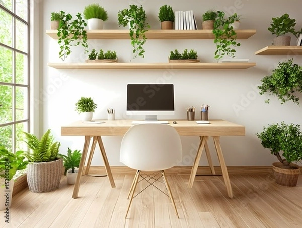 Obraz Zen-inspired home office with minimalist desk, wooden shelves, neutral color scheme, and green plants for a calm working space
