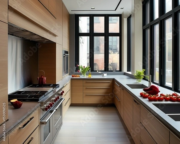 Obraz Zen-inspired kitchen with clean countertops, natural wood cabinetry, minimal clutter, and a peaceful, uncluttered vibe