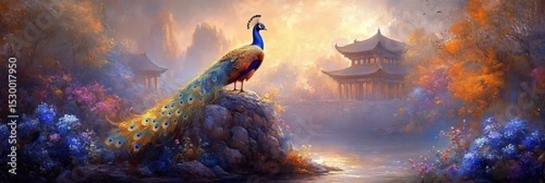 Fototapeta A breathtaking golden peacock stands on a rock overlooking a river, surrounded by a fantastical landscape of vibrant trees and ancient Asian temples under a dramatic sunset sky