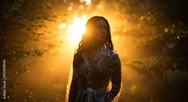 Obraz Woman in translucent raincoat, golden sunlight filters through trees