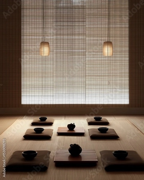 Obraz Zen-inspired meditation room with tatami mats, low wooden furniture, minimal decor, natural light filtering through bamboo shades