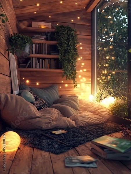 Obraz Zen-inspired reading nook with a comfy chair, soft pillows, natural wood bookshelves, and calming elements like plants and soft light