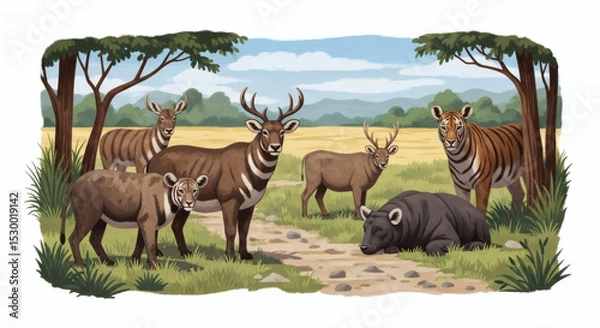 Obraz A group of deer tigers and a bear in a field with trees and a blue sky in the background illustration