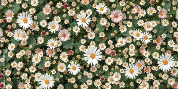 Fototapeta A dense field of daisies with white petals and yellow centers surrounded by green foliage