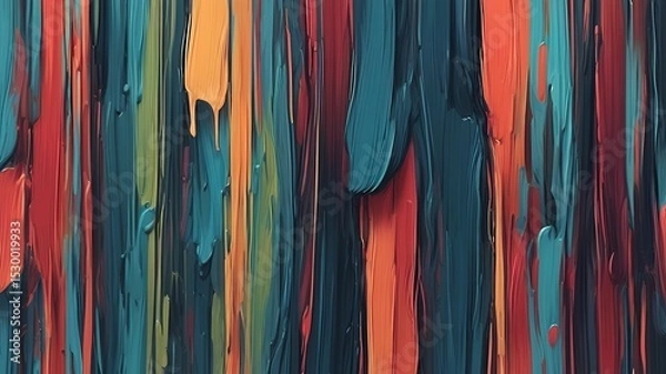 Fototapeta Abstract painting featuring vertical brushstrokes in shades of orange, teal, and red hues