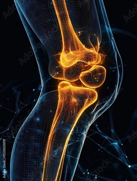 Fototapeta A glowing X-ray effect graphic design of a human knee joint, highlighting bones and ligaments within a wireframe anatomical structure.