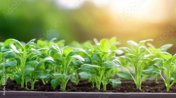 Fototapeta Young plants growing in rows in a tray, bathed in sunlight