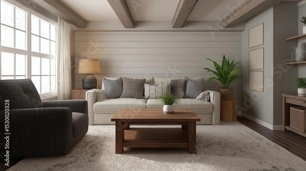 Fototapeta Modern living room with a large window on the left side. the window has white curtains and is letting in natural light.