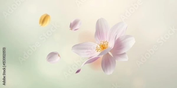 Fototapeta Close up of a light pink flower with falling petals on a soft pastel colored background image