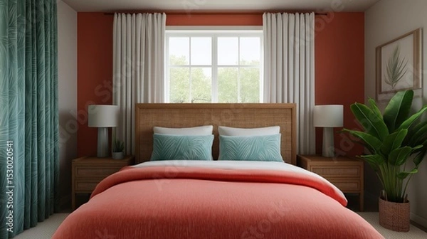 Fototapeta Modern bedroom with a large window in the center. the window has white curtains that are open, allowing natural light to enter the room.