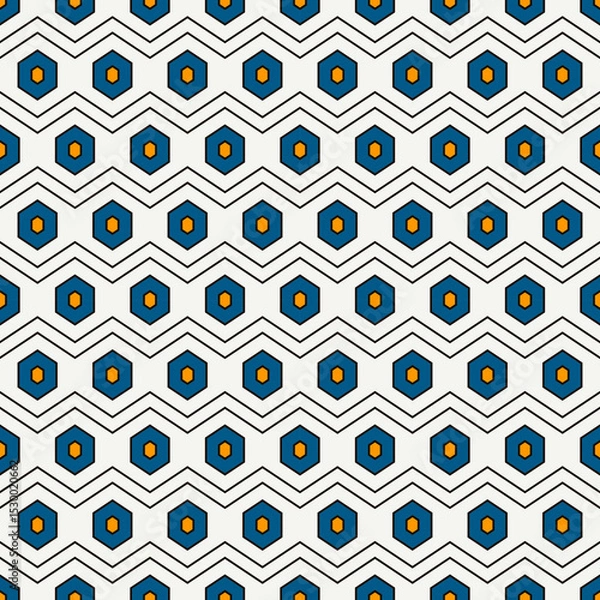 Fototapeta Zigzag seamless pattern. Hexagon mosaic tiles ornament. Ethnic surface print. Repeated geometric figures background. Ornamental wallpaper. Modern geo design digital paper. Vector abstract art