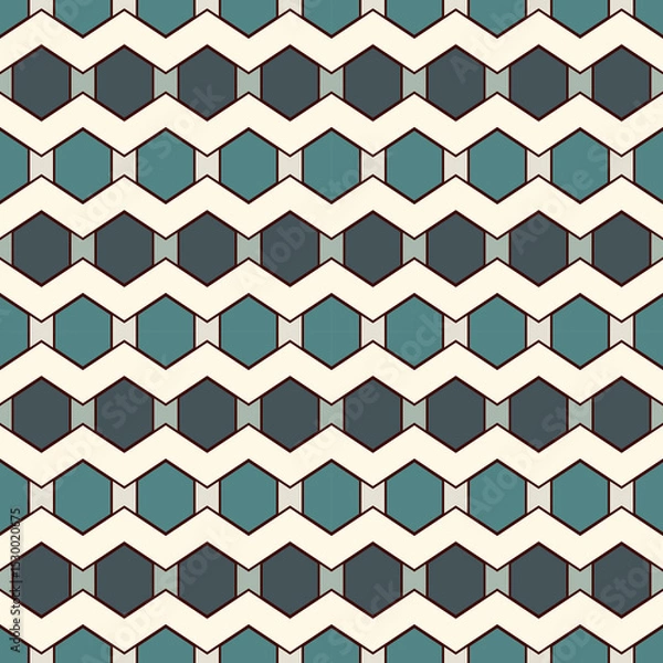 Fototapeta Zigzag seamless pattern. Hexagon mosaic tiles ornament. Ethnic surface print. Repeated geometric figures background. Ornamental wallpaper. Modern geo design digital paper. Vector abstract art