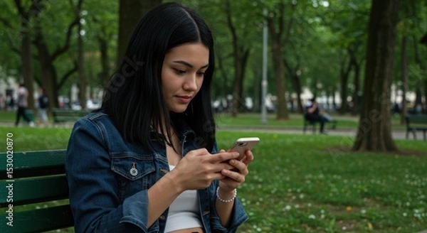 Obraz Young woman using phone in park