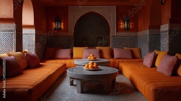 Fototapeta Luxurious living room with a traditional moroccan style. the room has a high ceiling with arches and pillars, and the walls are decorated with intricate patterns and designs.