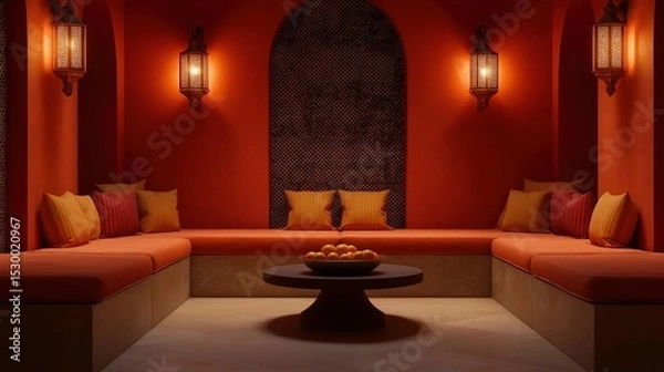 Fototapeta Modern and luxurious living room with a large sectional sofa in the center. the sofa is made of orange fabric and has several colorful throw pillows on it.