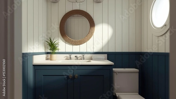 Fototapeta Modern bathroom with a blue vanity and a white toilet. the walls are painted in a light blue color with vertical stripes, and there is a round mirror hanging above the sink.