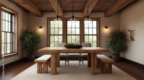 Fototapeta Modern dining room with a large wooden table in the center. the table is made of light-colored wood and has a bowl of green plants on top.