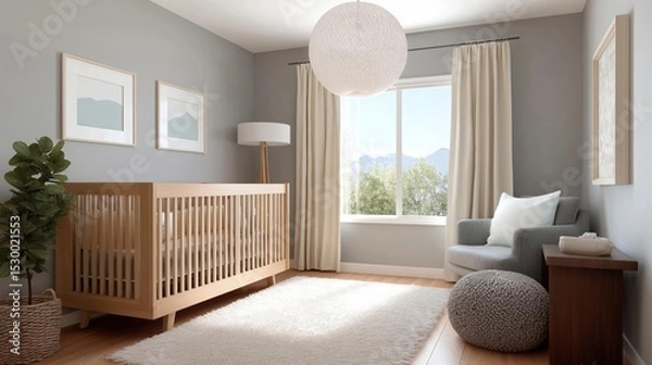 Fototapeta Modern nursery room with a large window that offers a beautiful view of the mountains. the walls are painted in a light grey color and the floor is made of light-colored wood.