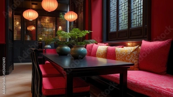 Fototapeta Cozy dining area with a wooden table in the center. the table is surrounded by red chairs and has a vase with a green plant on top.