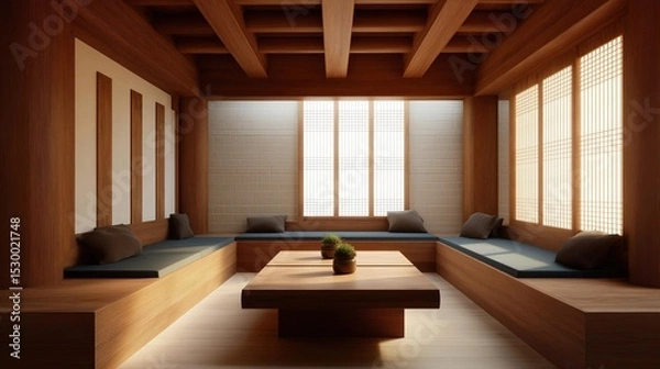 Fototapeta Modern and luxurious living room with a high ceiling and wooden panels on the walls. the room has a large window with white blinds, allowing natural light to enter the space.
