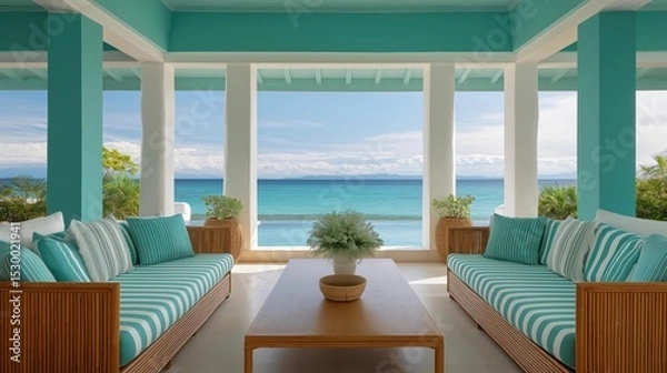 Fototapeta Beautiful outdoor living room with a stunning view of the ocean. the room has a high ceiling with white columns and a wooden floor.