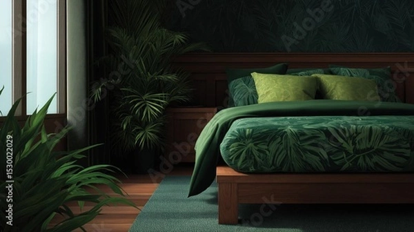 Fototapeta Modern bedroom with a large window on the left side. the window has a view of the ocean and the sky. the walls are covered in dark green wallpaper with a tropical leaf pattern.
