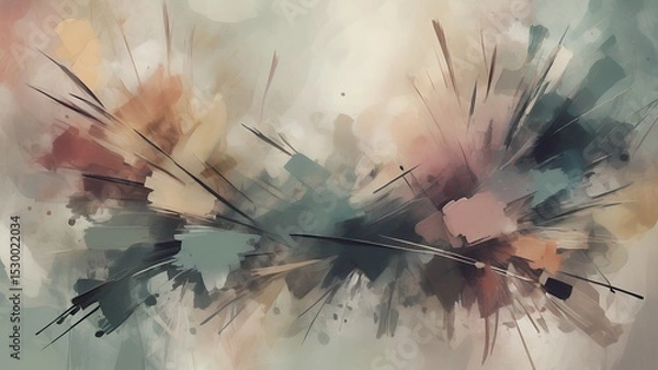 Fototapeta Abstract painting featuring a burst of colors with dark lines emanating from the center area