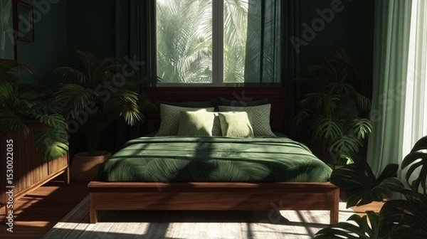 Fototapeta Modern and luxurious bedroom with a large window that offers a view of the greenery outside.