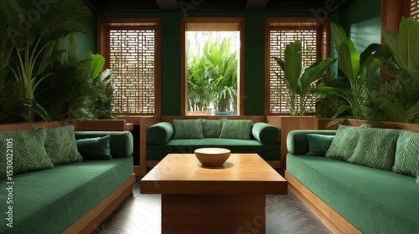 Fototapeta Modern living room with a green color scheme. the room has a high ceiling with wooden beams and large windows that let in natural light.