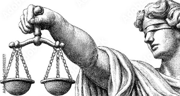 Obraz Blindfolded justice holding scales and gavel - dotwork representation of law and balance