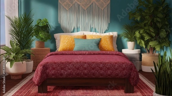 Fototapeta Bedroom with a large bed in the center. the bed has a red and white patterned comforter and two yellow throw pillows with blue and orange accents.
