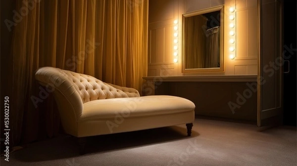 Fototapeta Corner of a room with a beige sofa in the center. the sofa has a tufted backrest and is upholstered in a soft fabric. it is placed in front of a large window with sheer curtains.