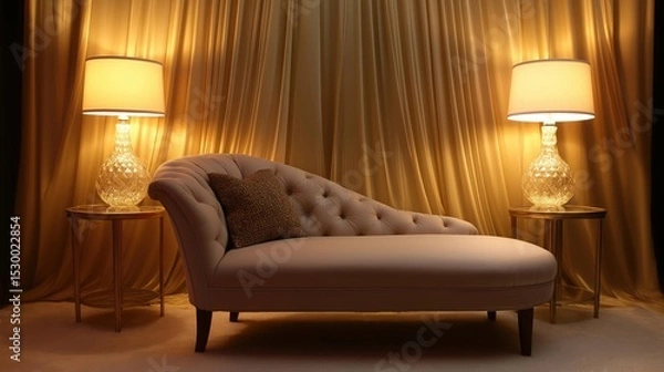 Fototapeta Luxurious living room with a beige sofa in the center. the sofa has a tufted backrest and armrests, and there is a brown throw pillow on it.